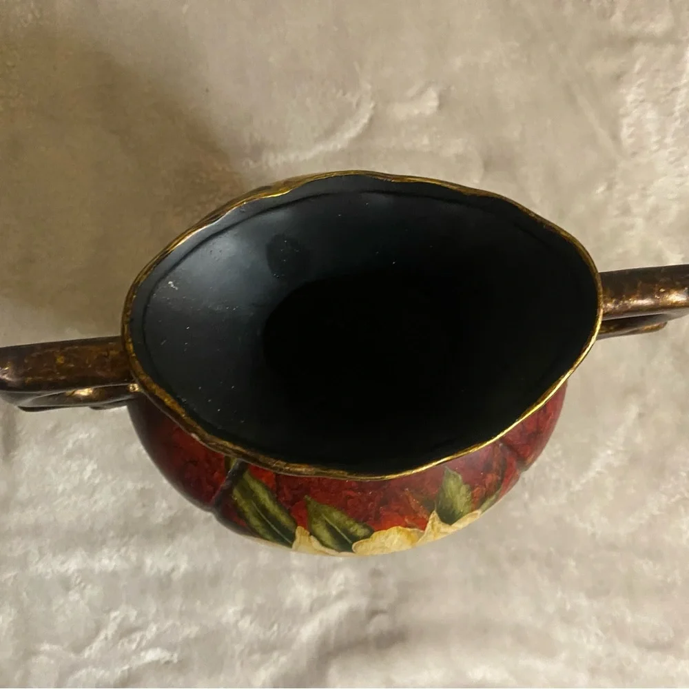 Elegant Red and Gold Floral Vase, pottery/clay/plaster? Great condition
